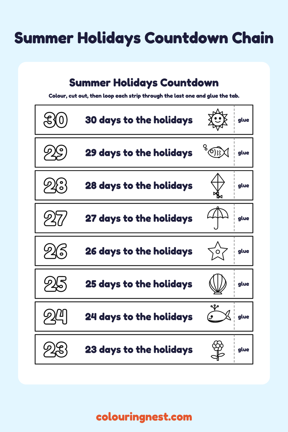 Summer Holidays Countdown Chain: printable numbered paper chain strips to colour and cut out