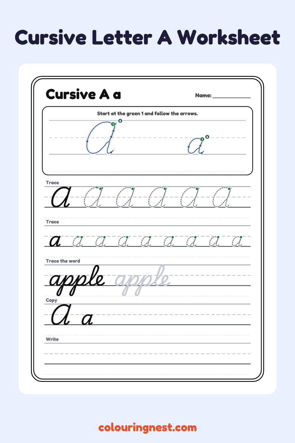 Cursive Letter A worksheet: free printable black-and-white line art