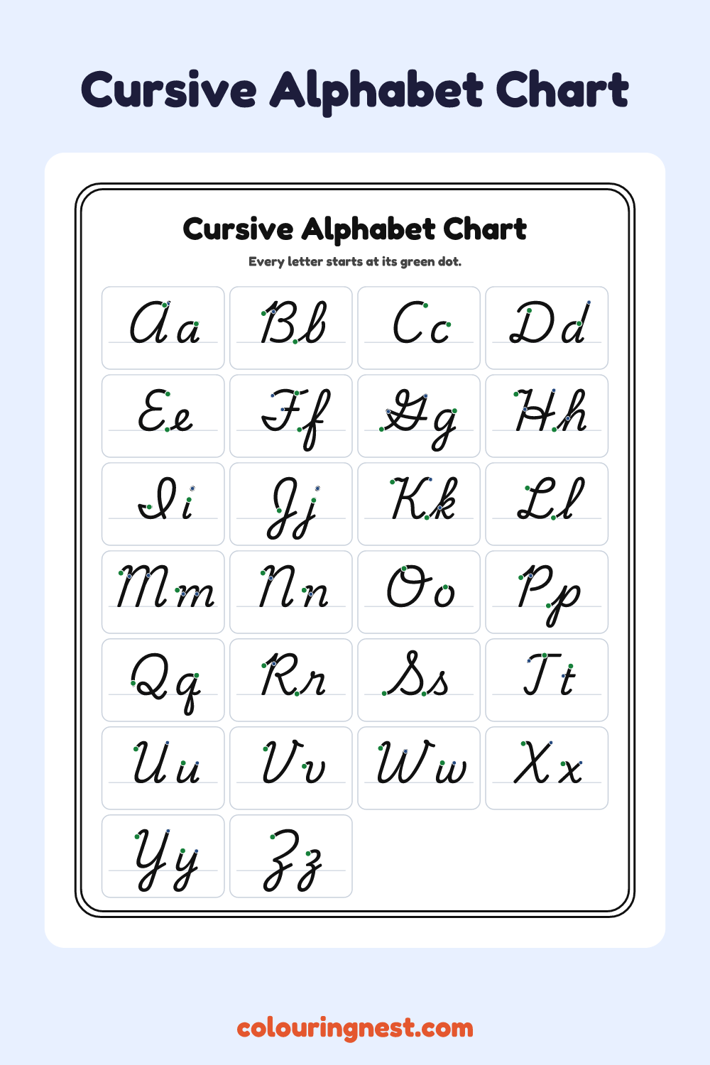 Cursive Alphabet Chart worksheet: free printable black-and-white line art
