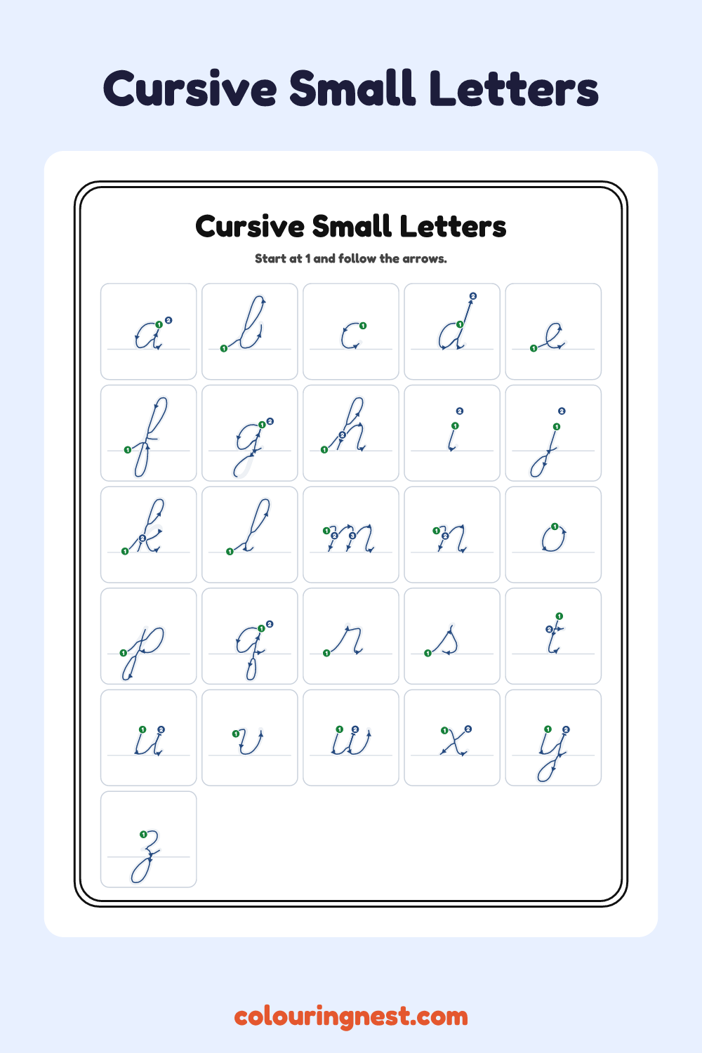 Cursive Small Letters worksheet: free printable black-and-white line art