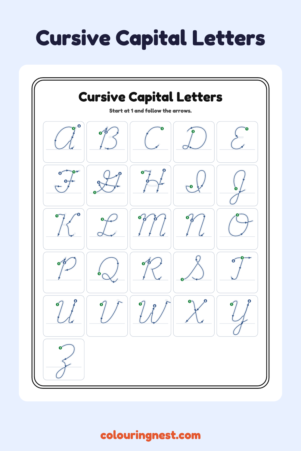 Cursive Capital Letters worksheet: free printable black-and-white line art