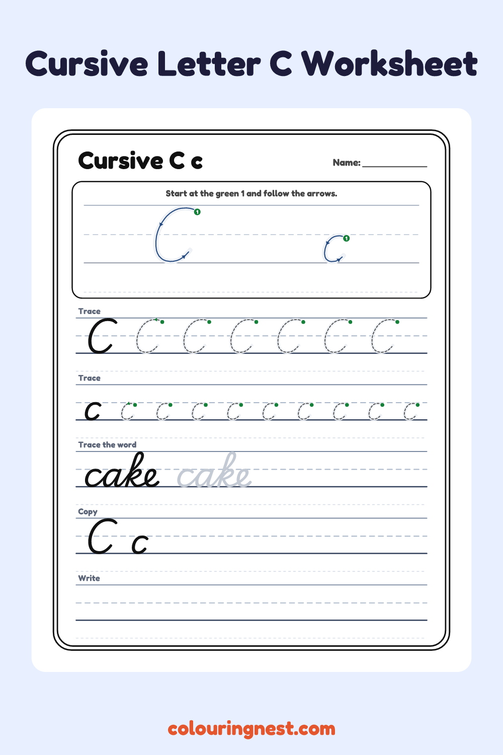 Cursive Letter C worksheet: free printable black-and-white line art