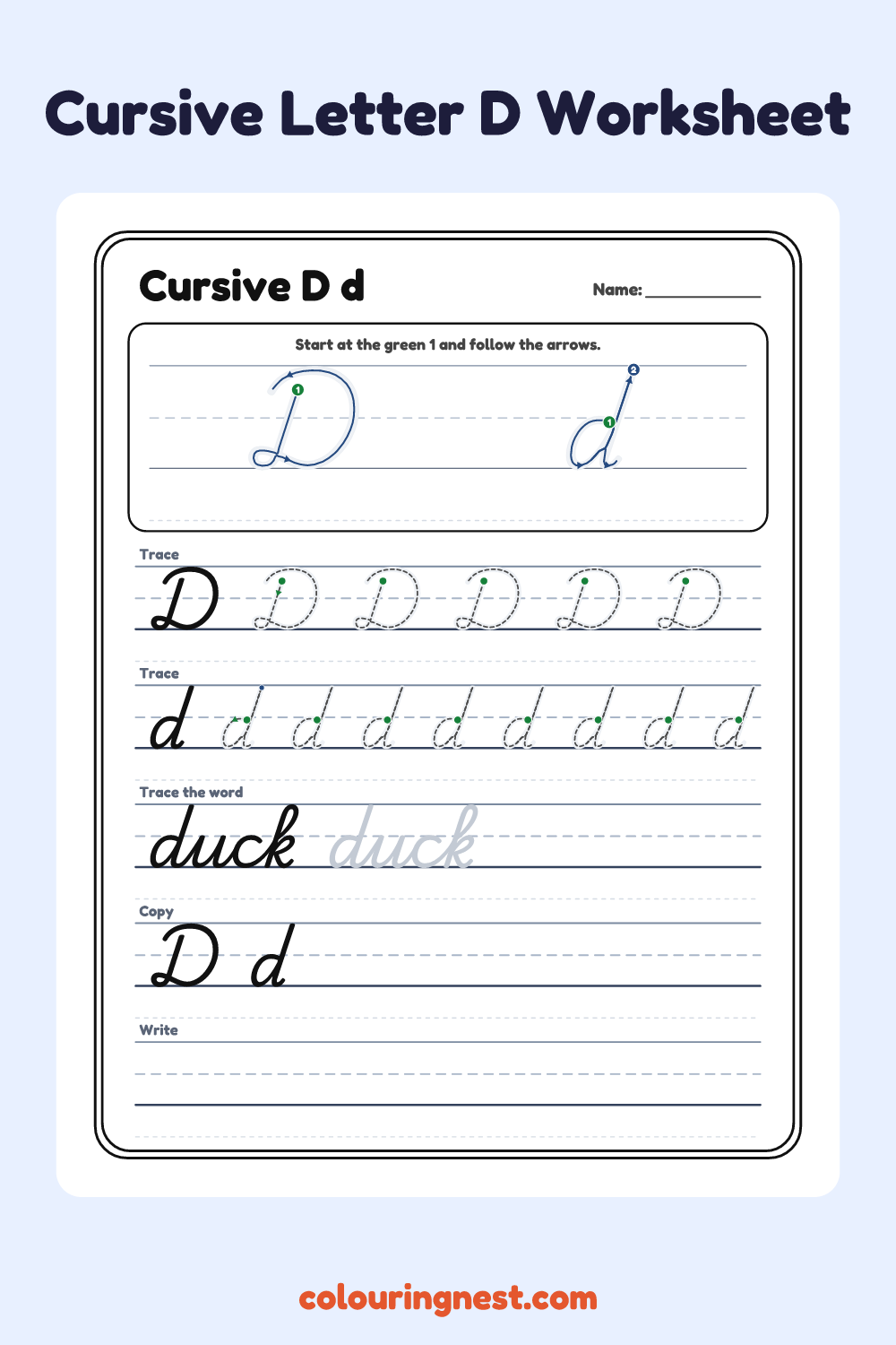 Cursive Letter D worksheet: free printable black-and-white line art