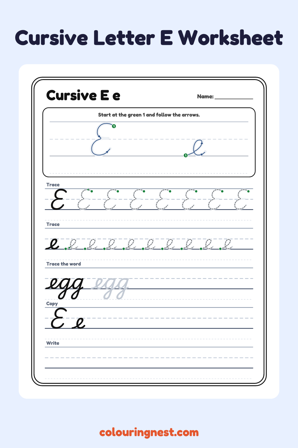 Cursive Letter E worksheet: free printable black-and-white line art