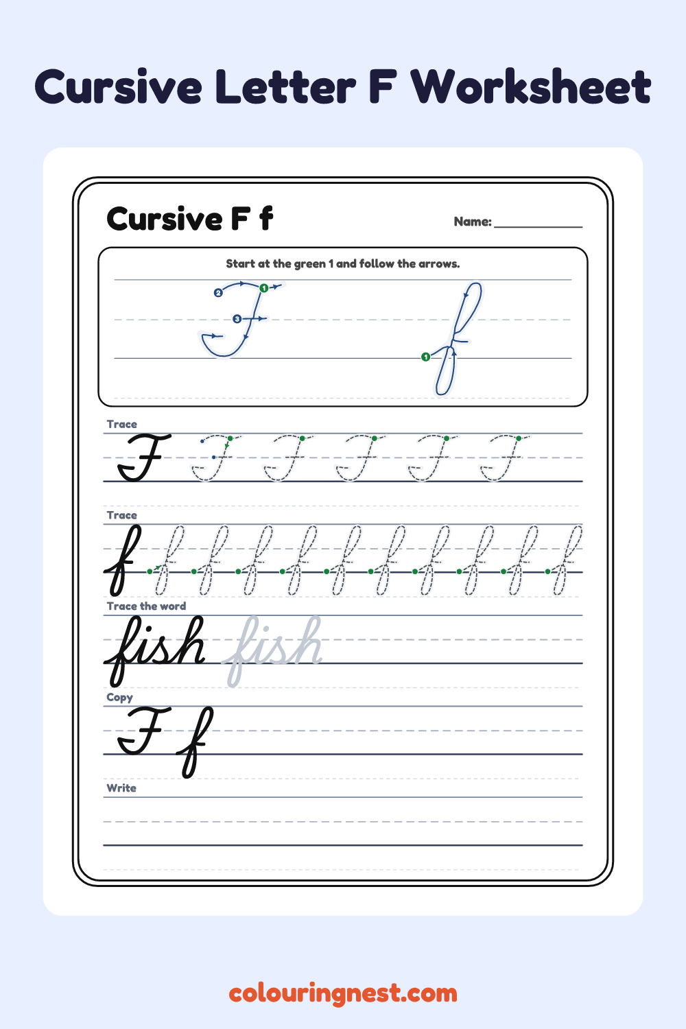 Cursive Letter F worksheet: free printable black-and-white line art