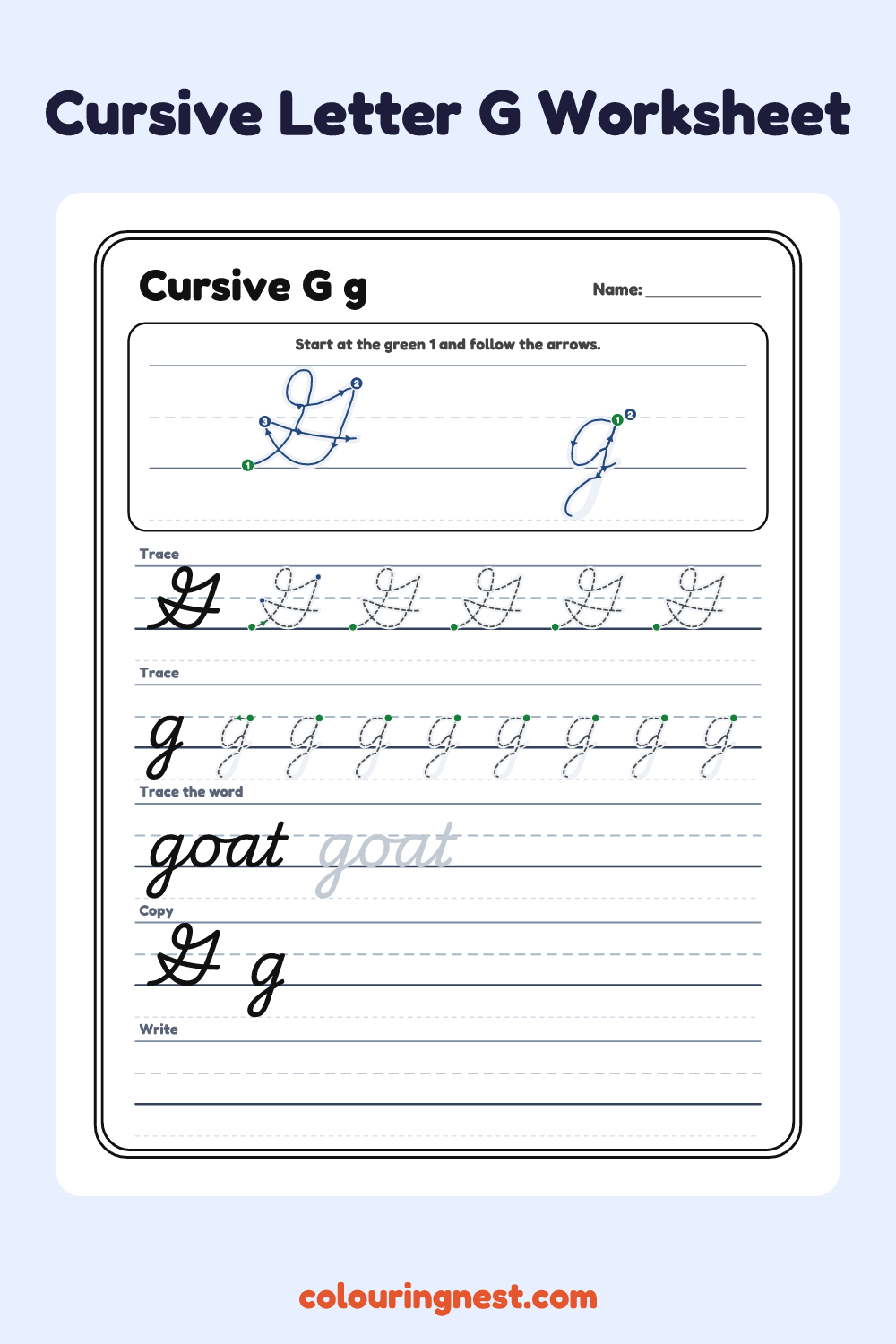 Cursive Letter G worksheet: free printable black-and-white line art