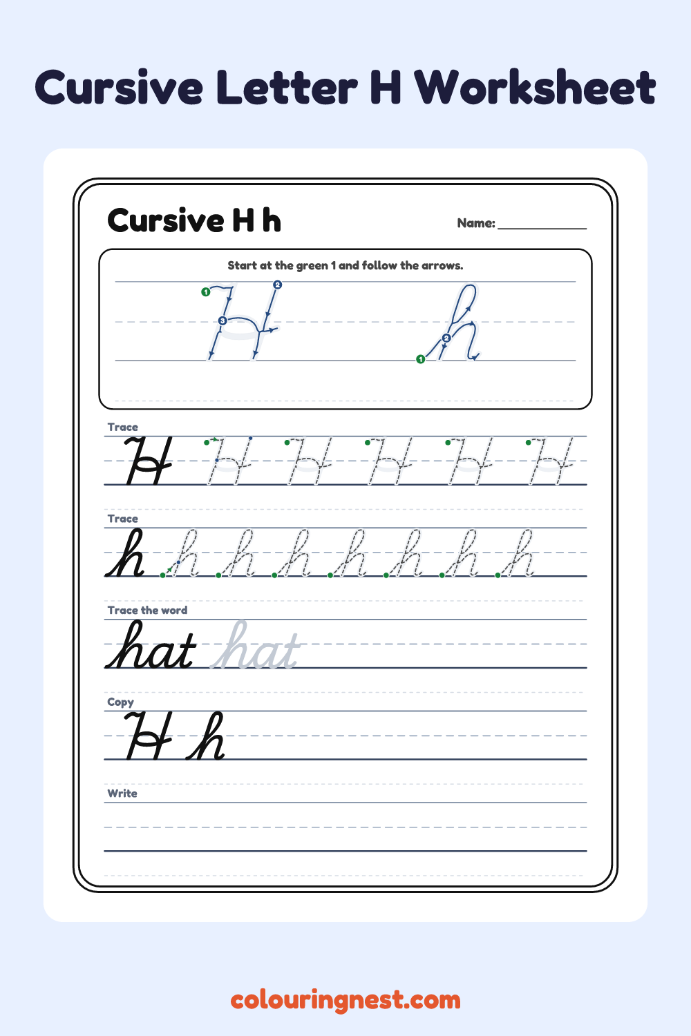 Cursive Letter H worksheet: free printable black-and-white line art