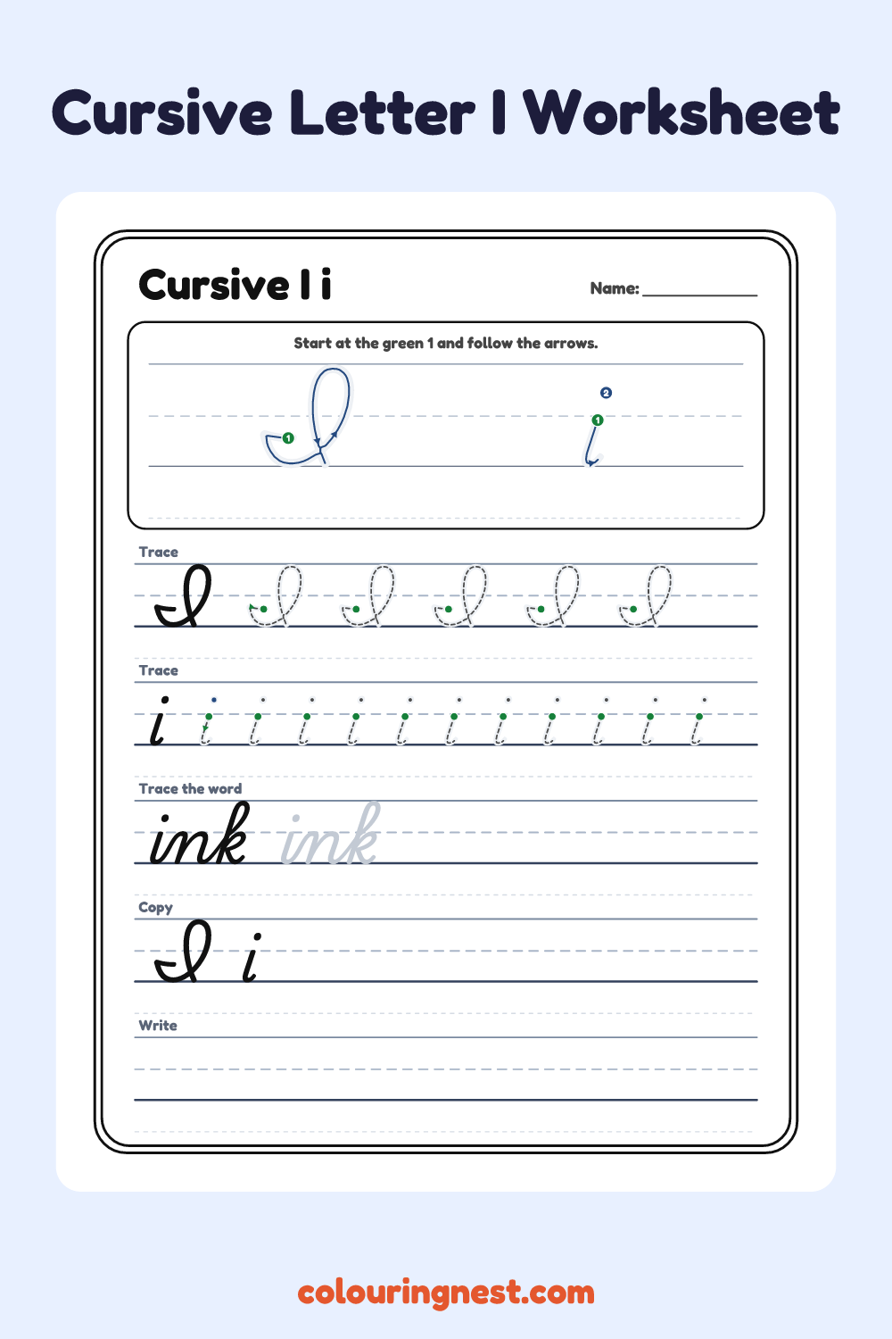 Cursive Letter I worksheet: free printable black-and-white line art