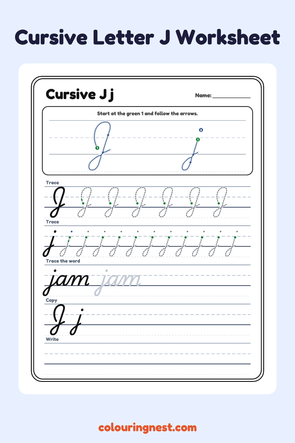 Cursive Letter J worksheet: free printable black-and-white line art