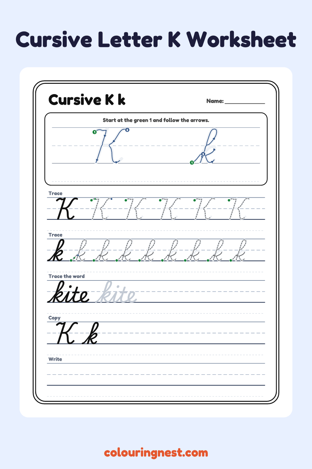 Cursive Letter K worksheet: free printable black-and-white line art