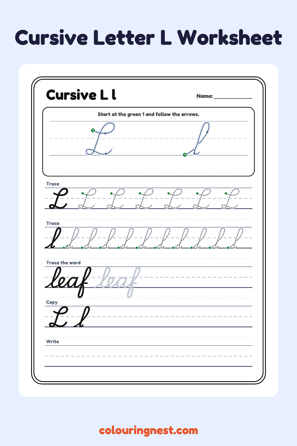 Cursive Letter L worksheet: free printable black-and-white line art
