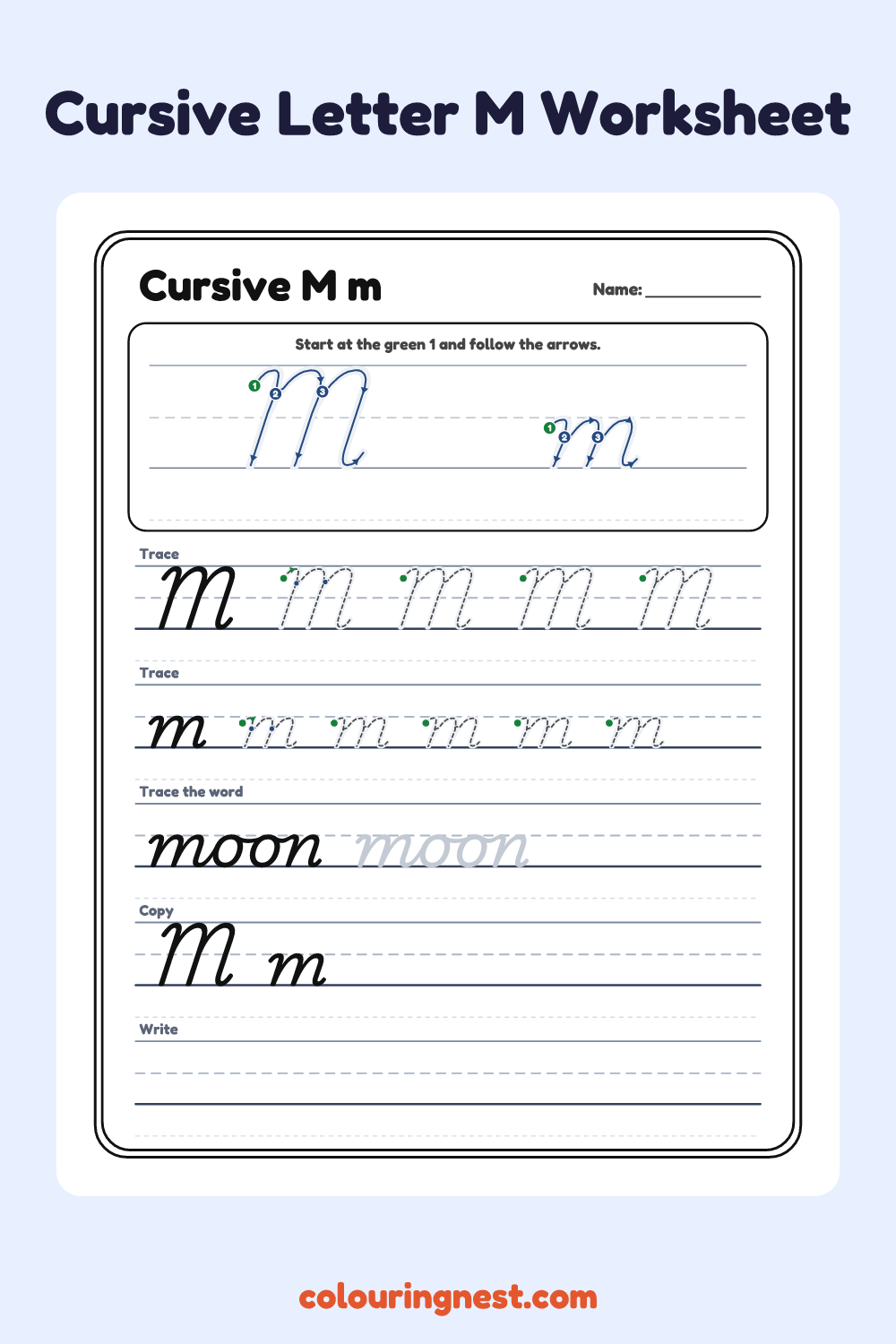 Cursive Letter M worksheet: free printable black-and-white line art