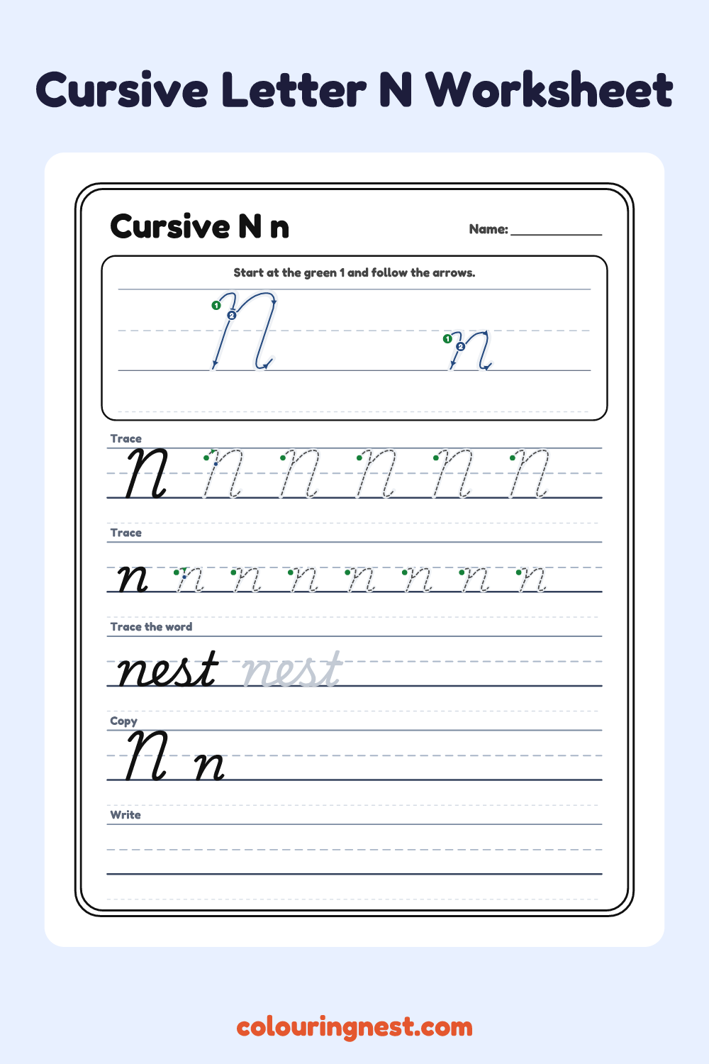 Cursive Letter N worksheet: free printable black-and-white line art