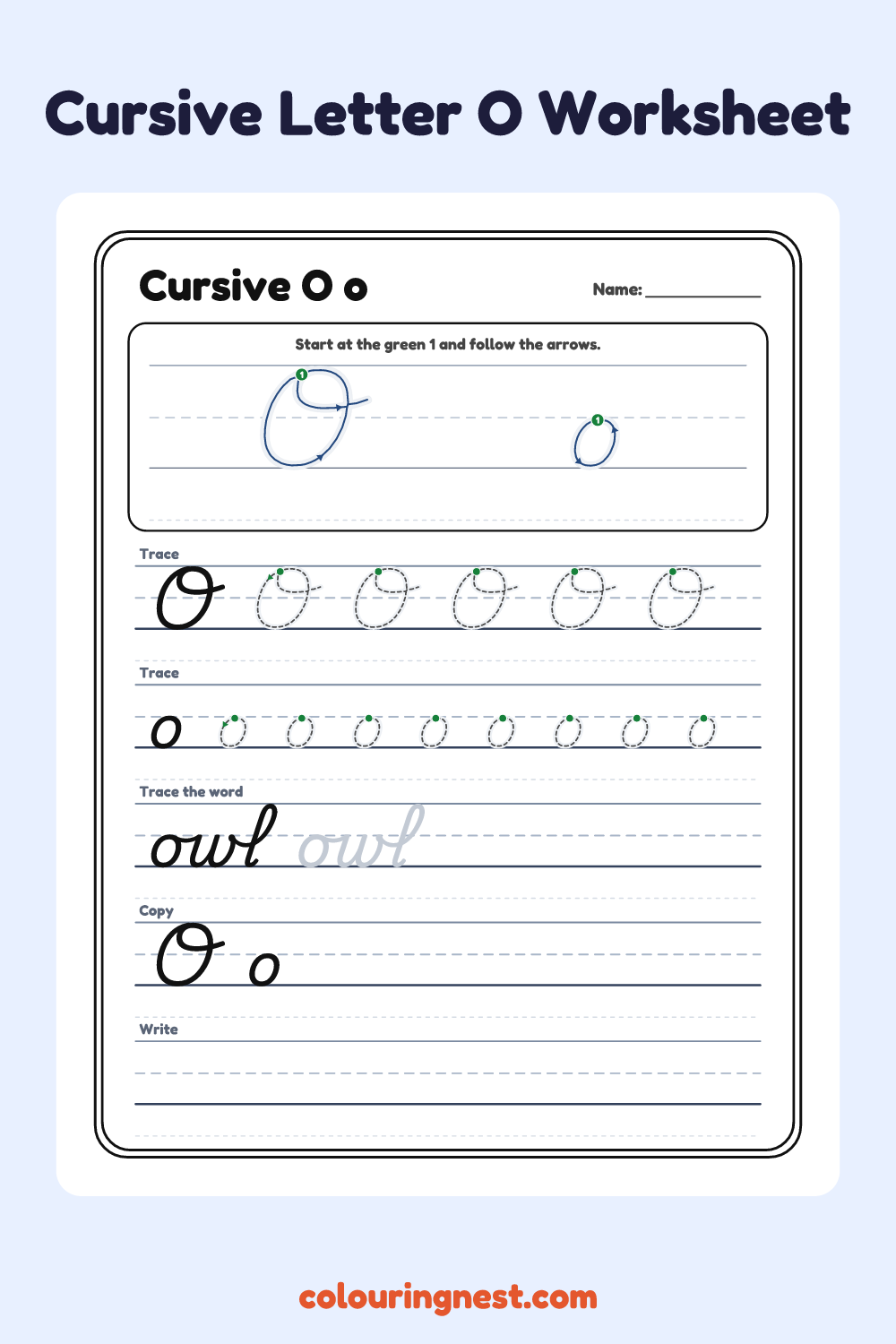 Cursive Letter O worksheet: free printable black-and-white line art
