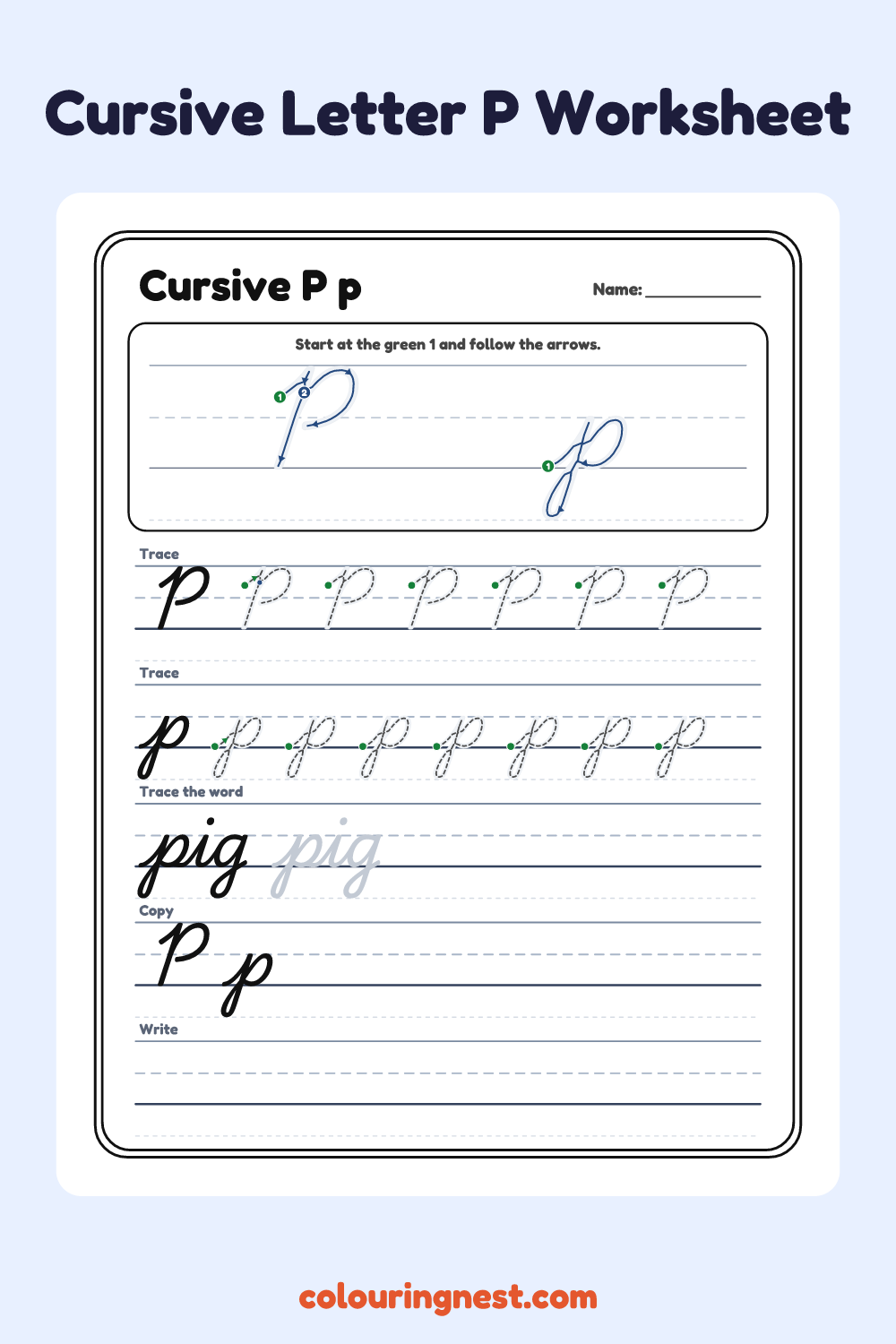 Cursive Letter P worksheet: free printable black-and-white line art