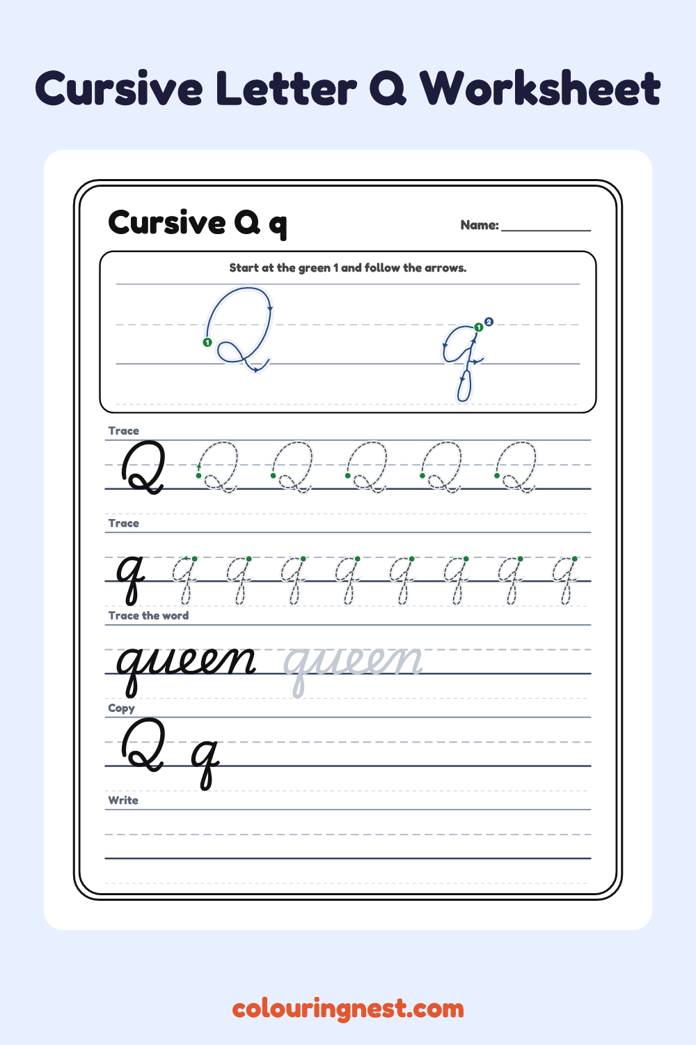 Cursive Letter Q worksheet: free printable black-and-white line art