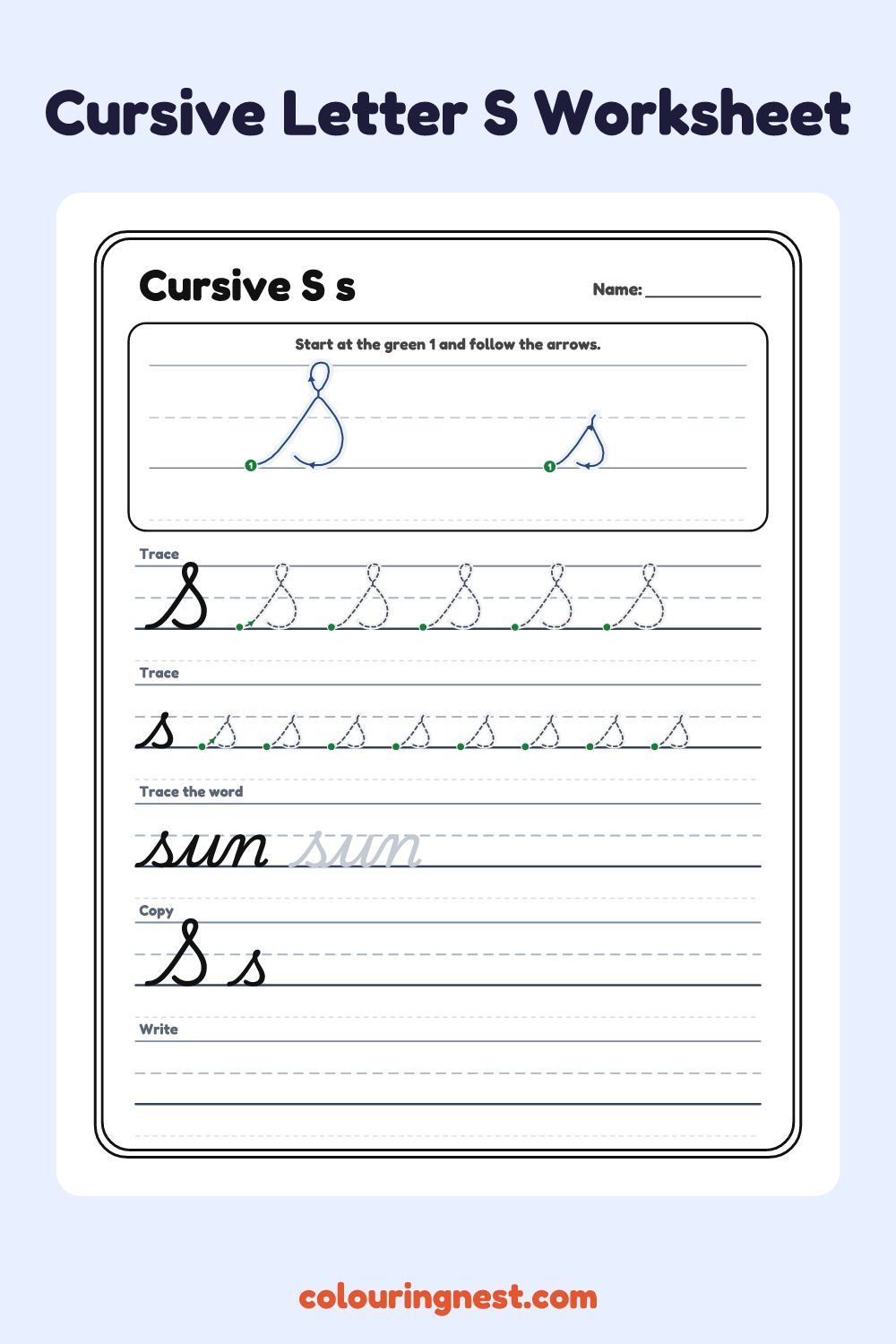 Cursive Letter S worksheet: free printable black-and-white line art