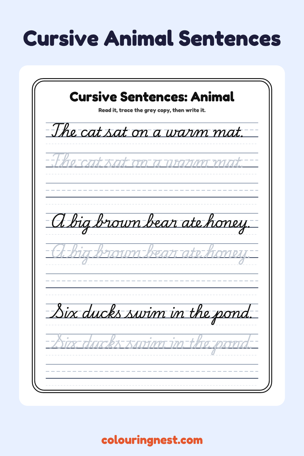 Cursive Animal Sentences worksheet: free printable black-and-white line art