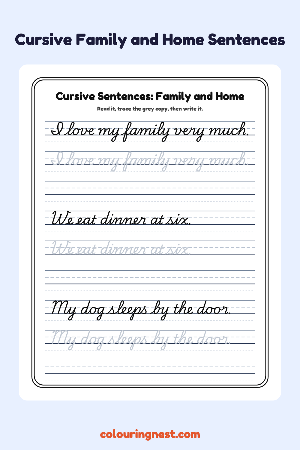 Cursive Family and Home Sentences worksheet: free printable black-and-white line art
