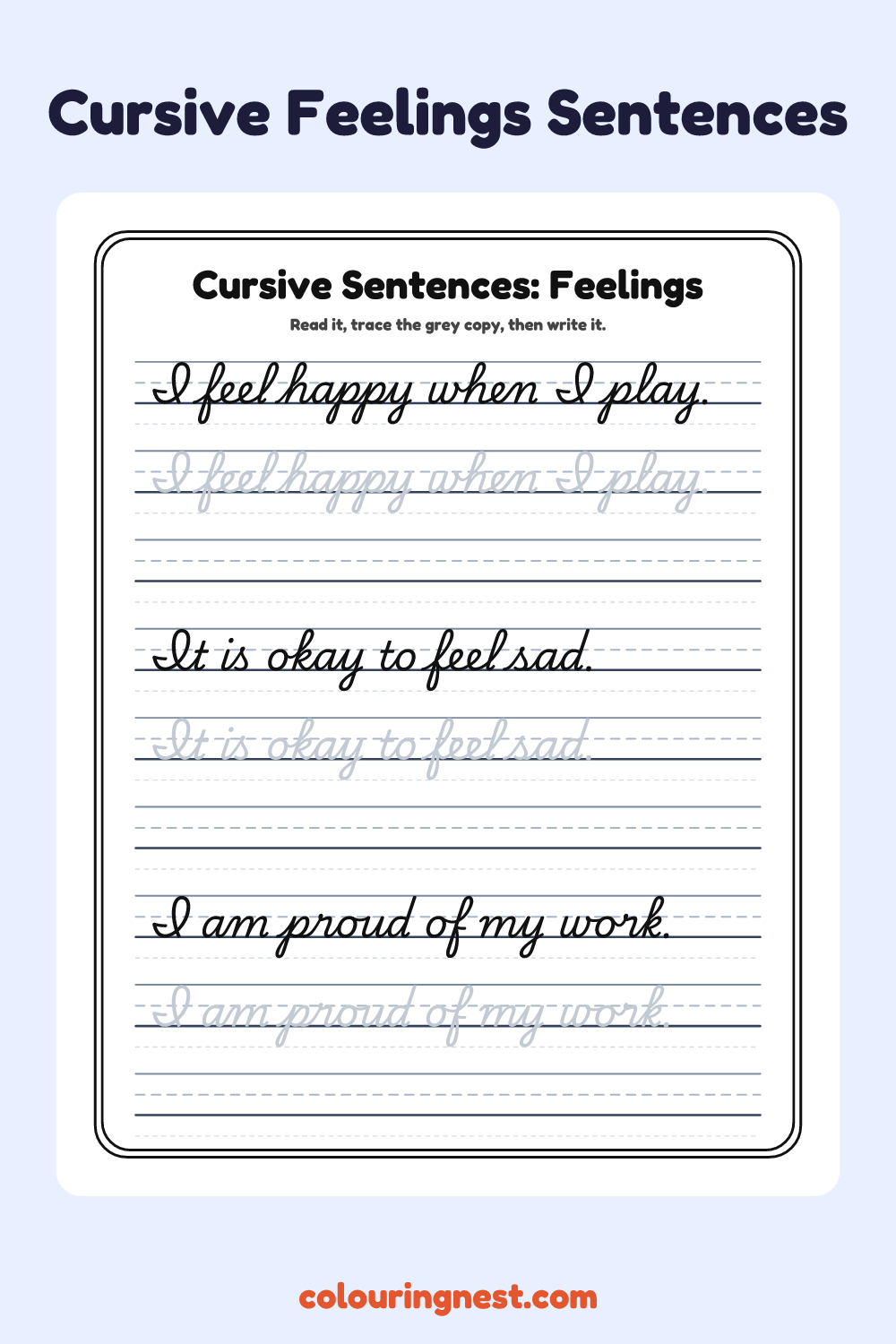 Cursive Feelings Sentences worksheet: free printable black-and-white line art