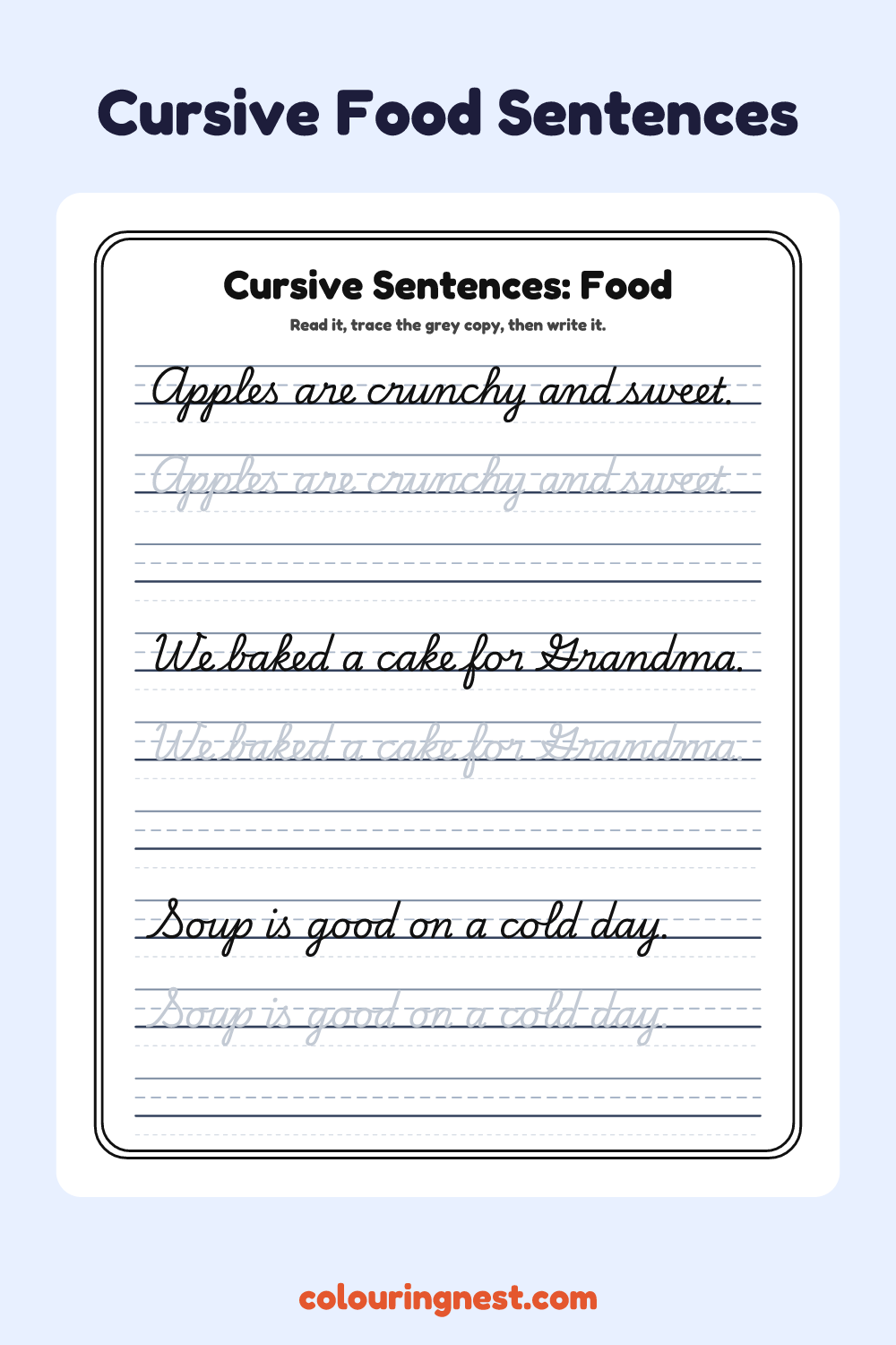 Cursive Food Sentences worksheet: free printable black-and-white line art