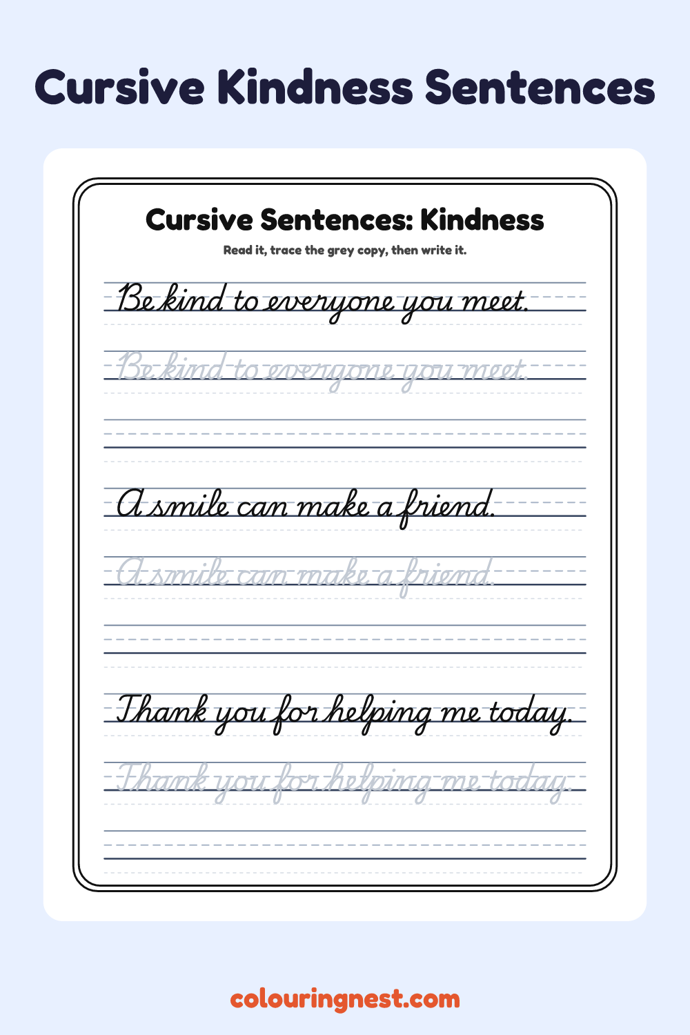 Cursive Kindness Sentences worksheet: free printable black-and-white line art