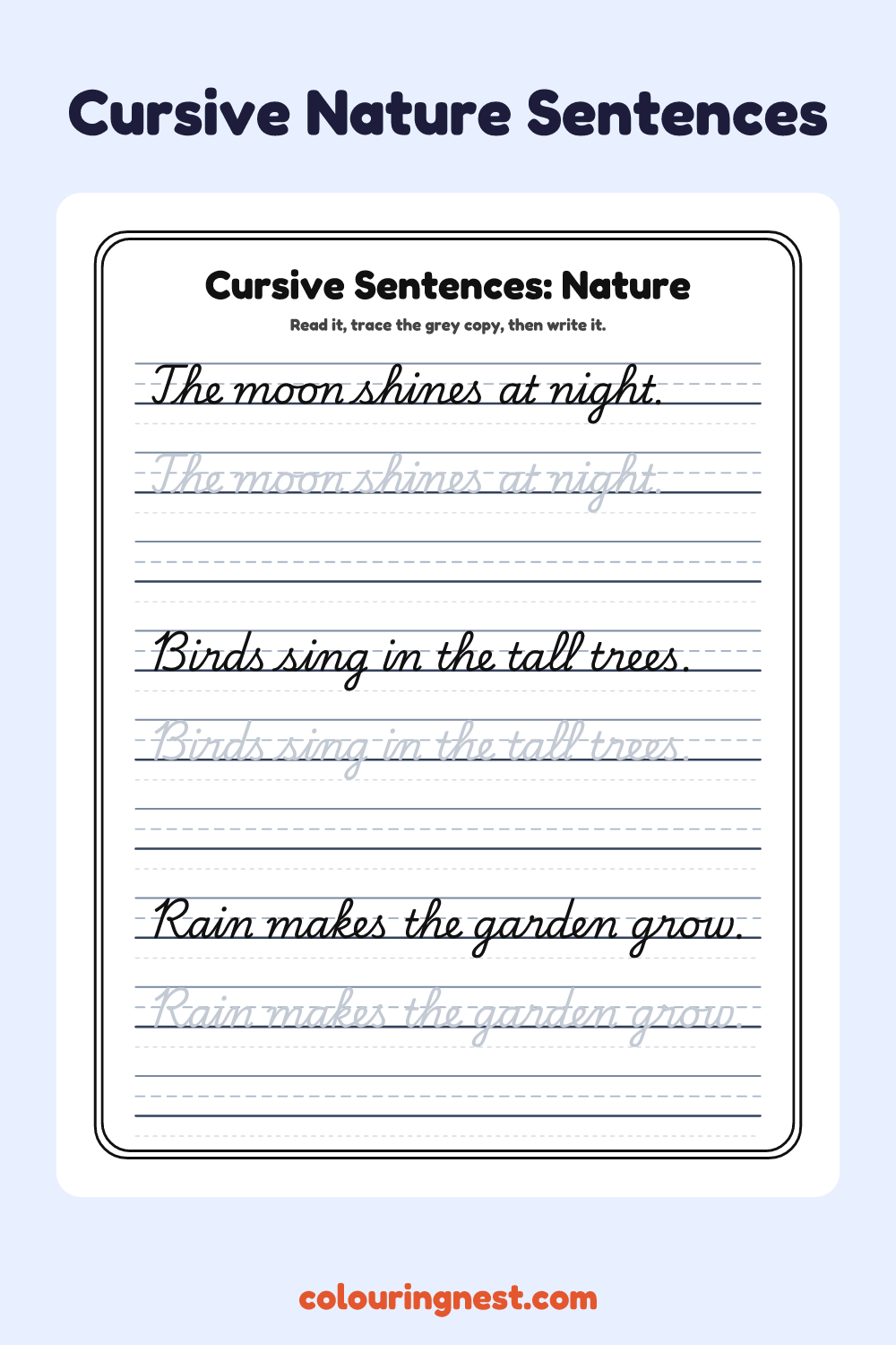 Cursive Nature Sentences worksheet: free printable black-and-white line art