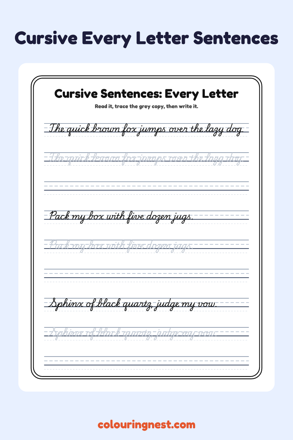 Cursive Every Letter Sentences worksheet: free printable black-and-white line art