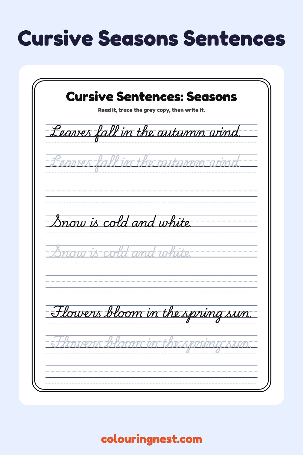 Cursive Seasons Sentences worksheet: free printable black-and-white line art