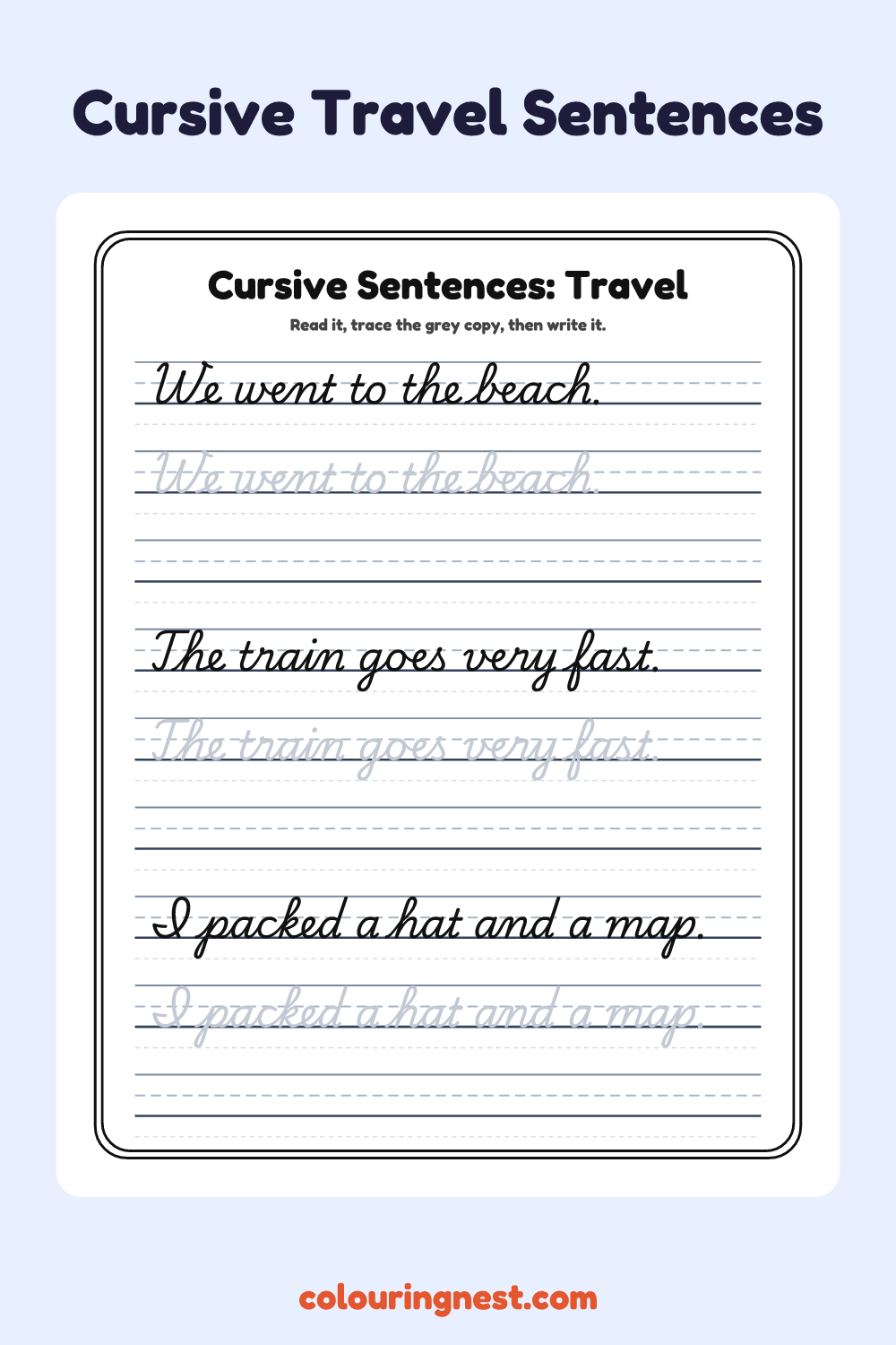 Cursive Travel Sentences worksheet: free printable black-and-white line art
