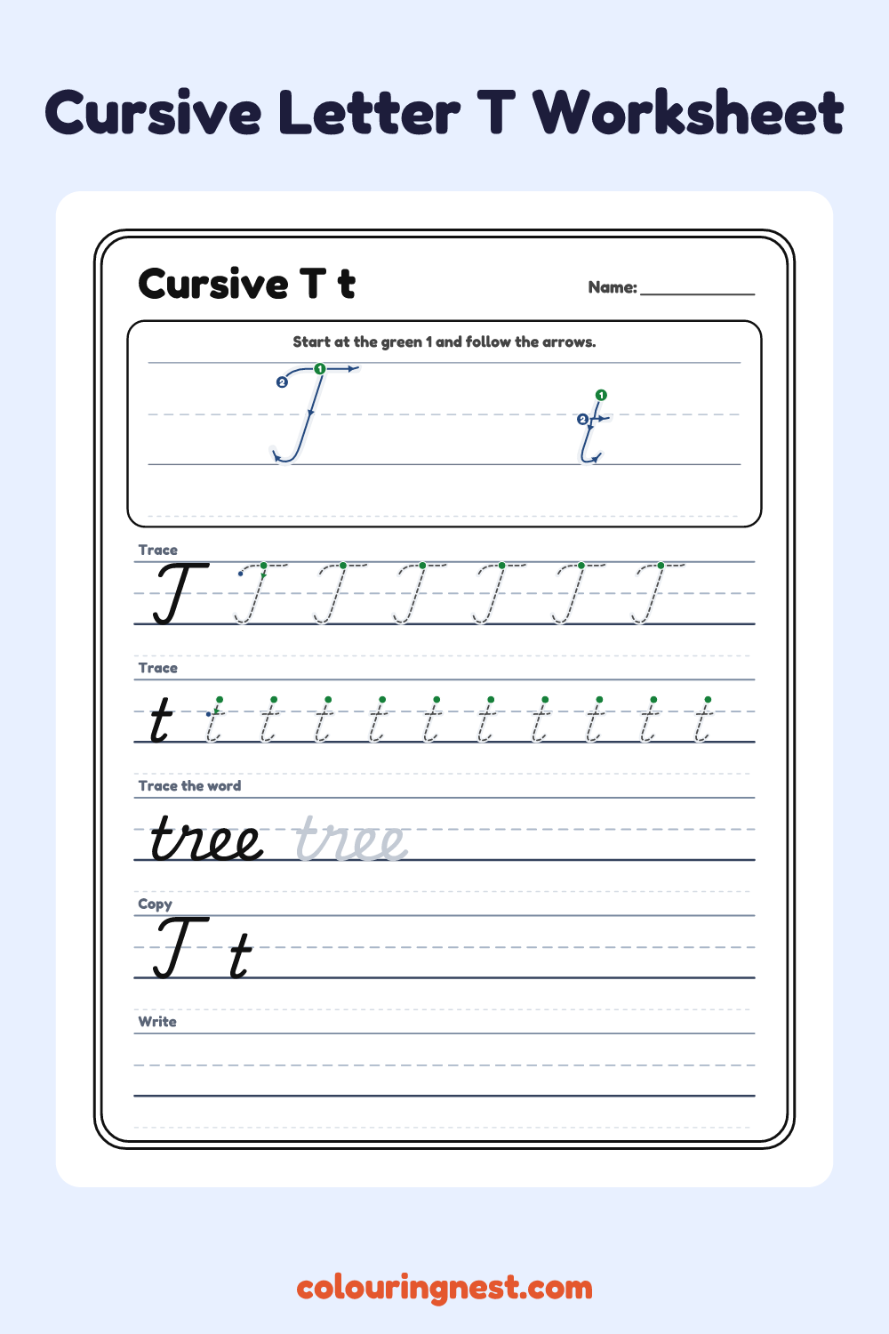 Cursive Letter T worksheet: free printable black-and-white line art