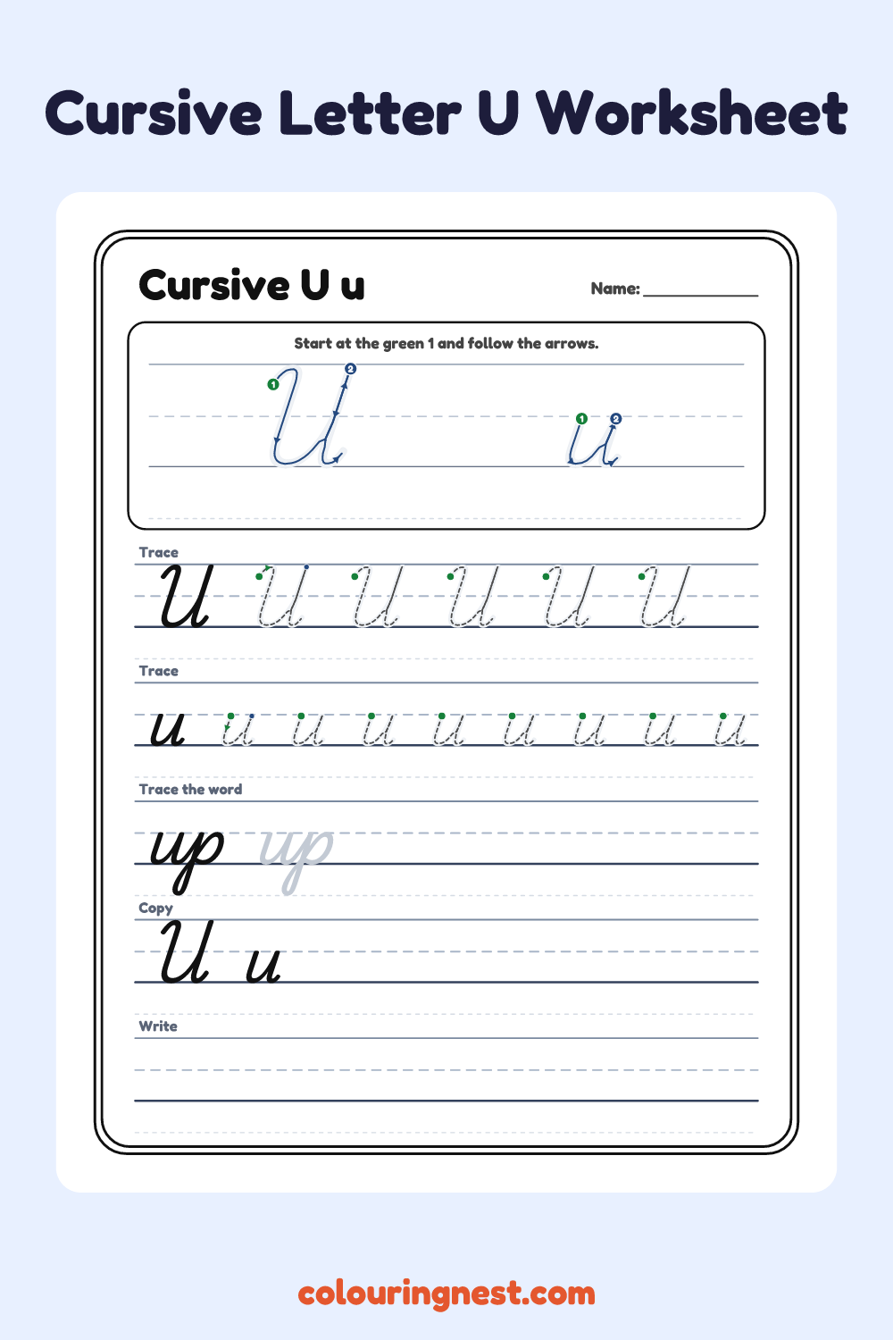 Cursive Letter U worksheet: free printable black-and-white line art