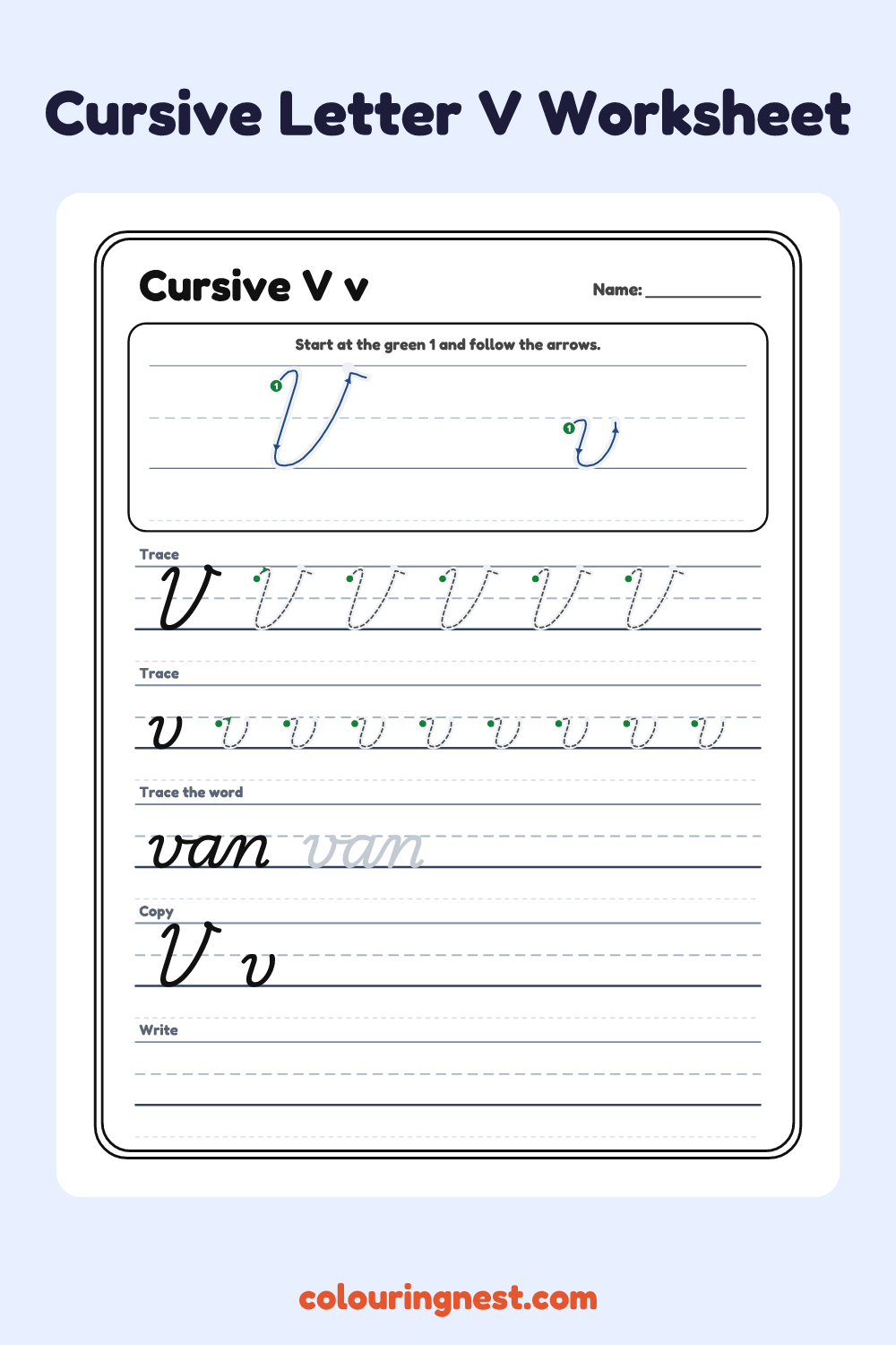 Cursive Letter V worksheet: free printable black-and-white line art