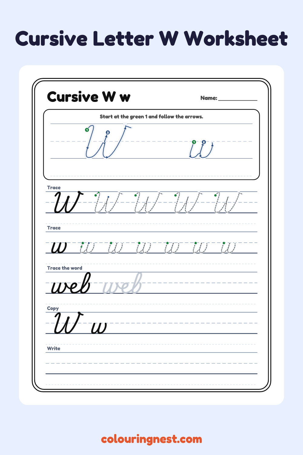 Cursive Letter W worksheet: free printable black-and-white line art