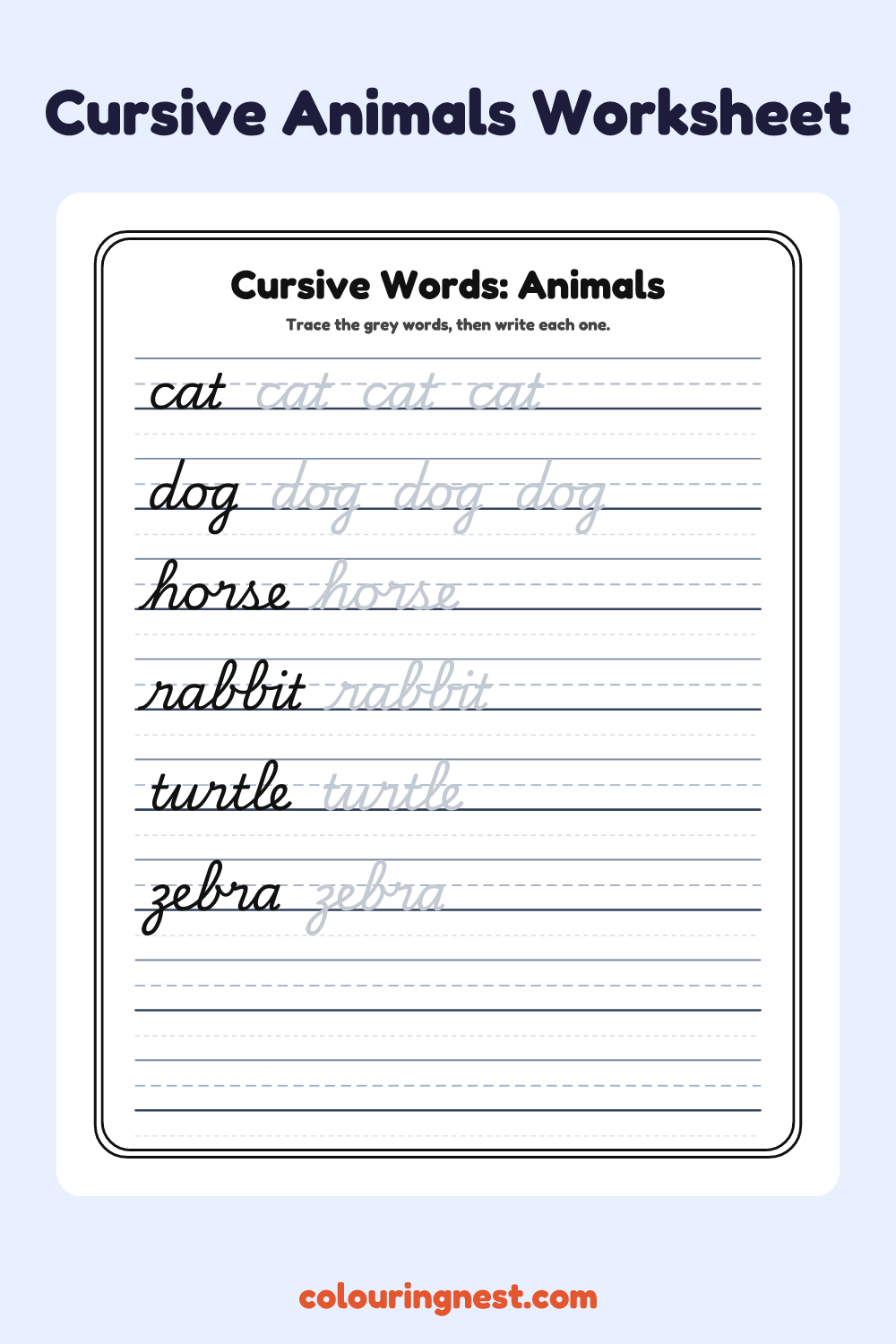 Cursive Words: Animals worksheet: free printable black-and-white line art
