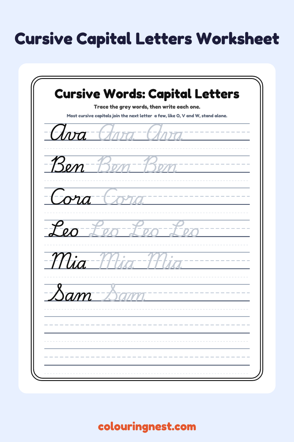 Cursive Words: Capital Letters worksheet: free printable black-and-white line art