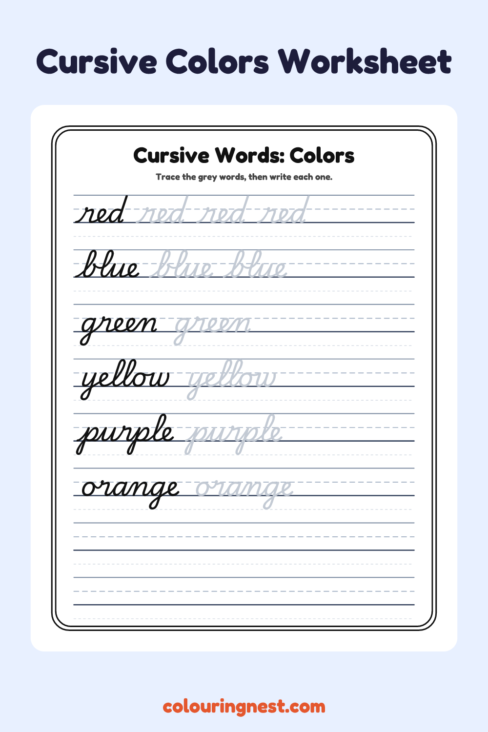 Cursive Words: Colors worksheet: free printable black-and-white line art