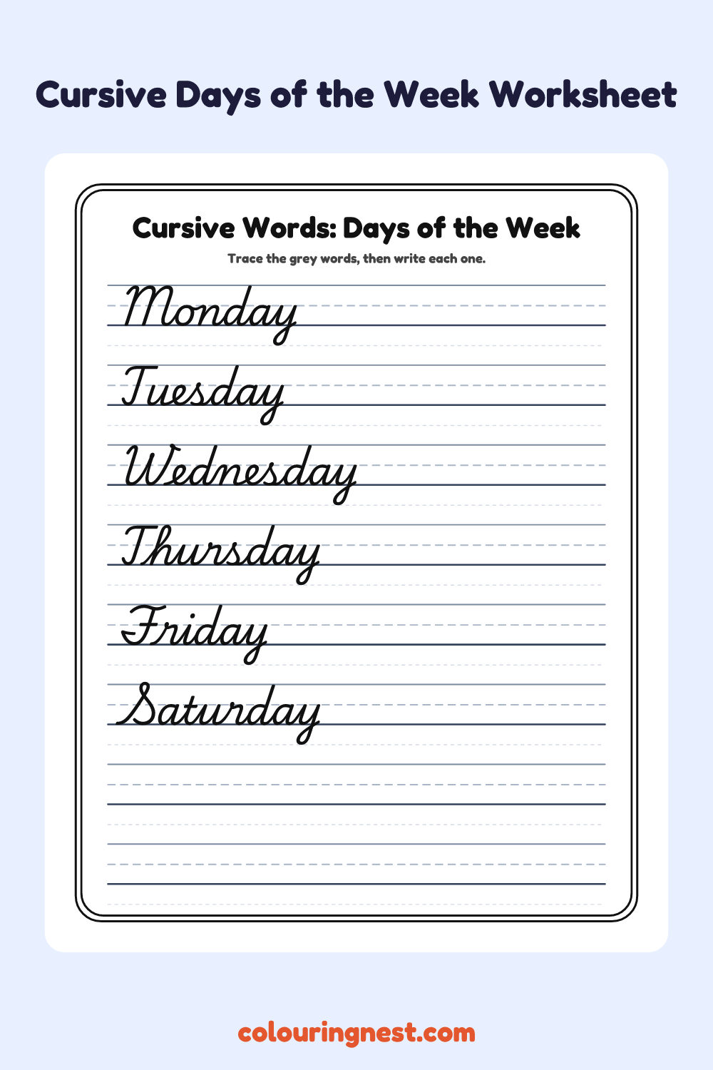 Cursive Words: Days of the Week worksheet: free printable black-and-white line art