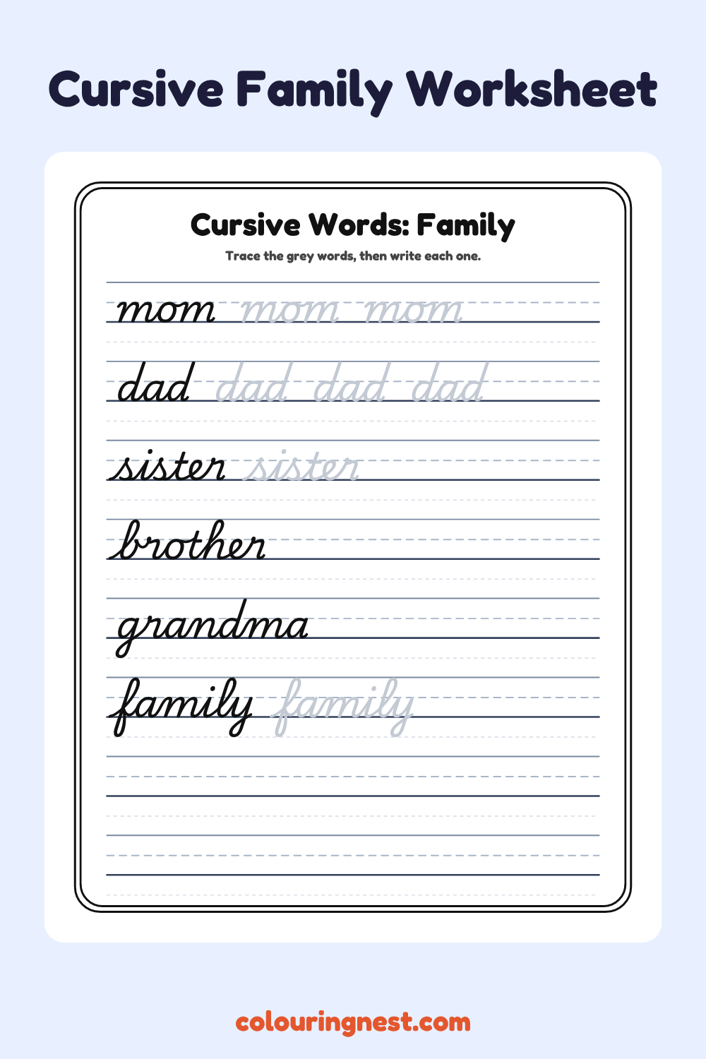 Cursive Words: Family worksheet: free printable black-and-white line art