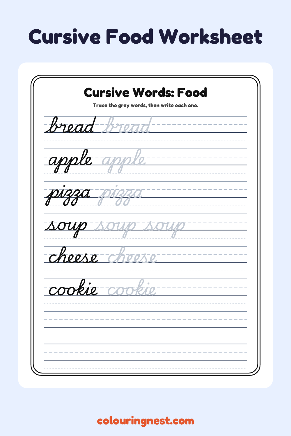 Cursive Words: Food worksheet: free printable black-and-white line art