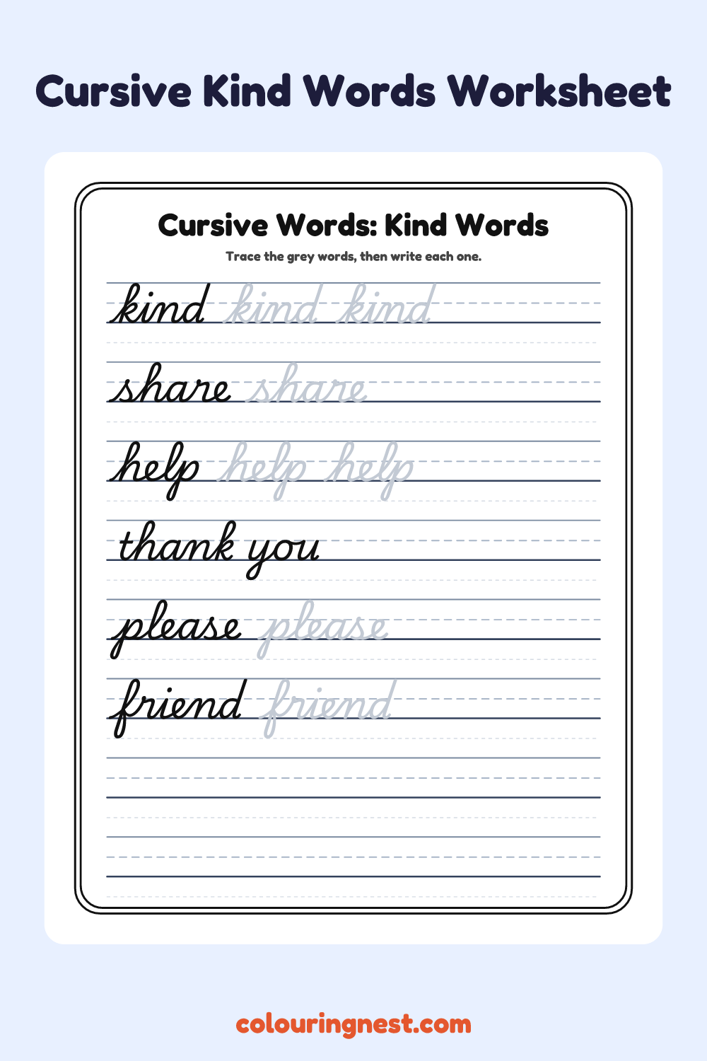 Cursive Words: Kind Words worksheet: free printable black-and-white line art