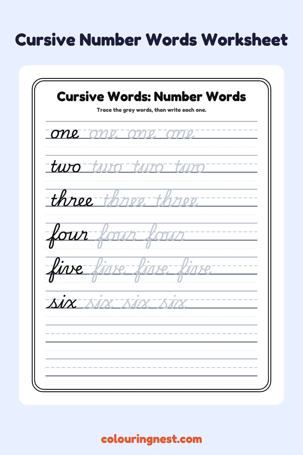 Cursive Words: Number Words worksheet: free printable black-and-white line art