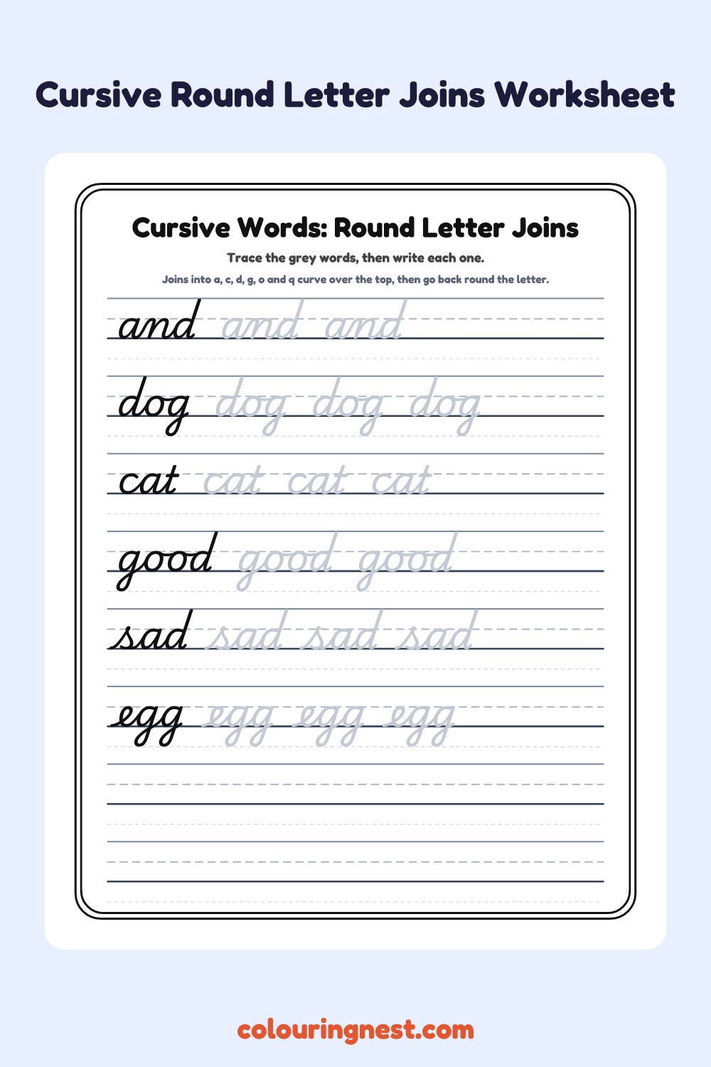 Cursive Words: Round Letter Joins worksheet: free printable black-and-white line art