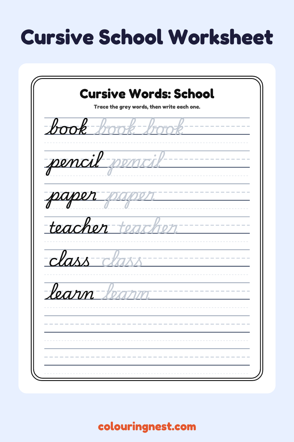 Cursive Words: School worksheet: free printable black-and-white line art