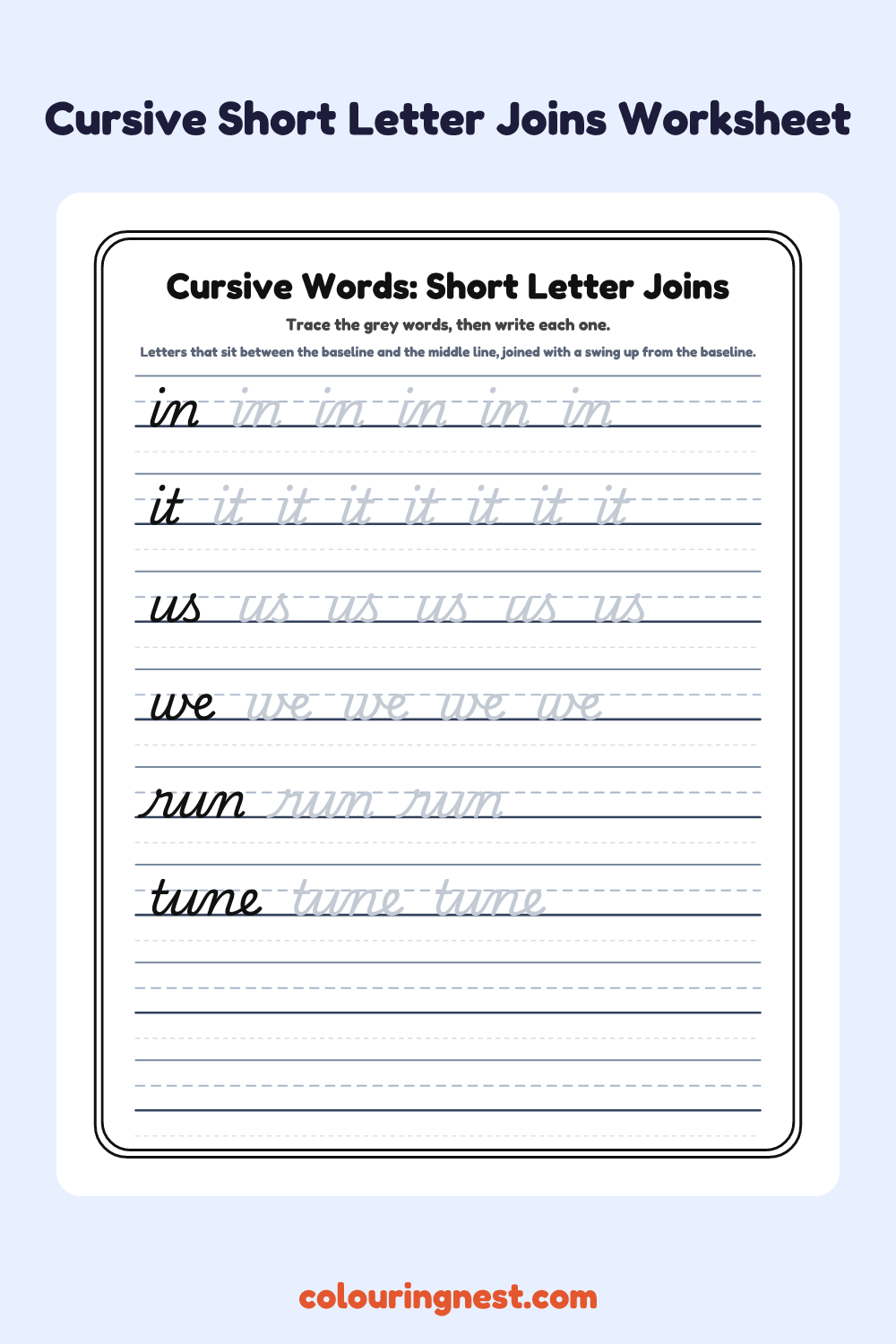 Cursive Words: Short Letter Joins worksheet: free printable black-and-white line art