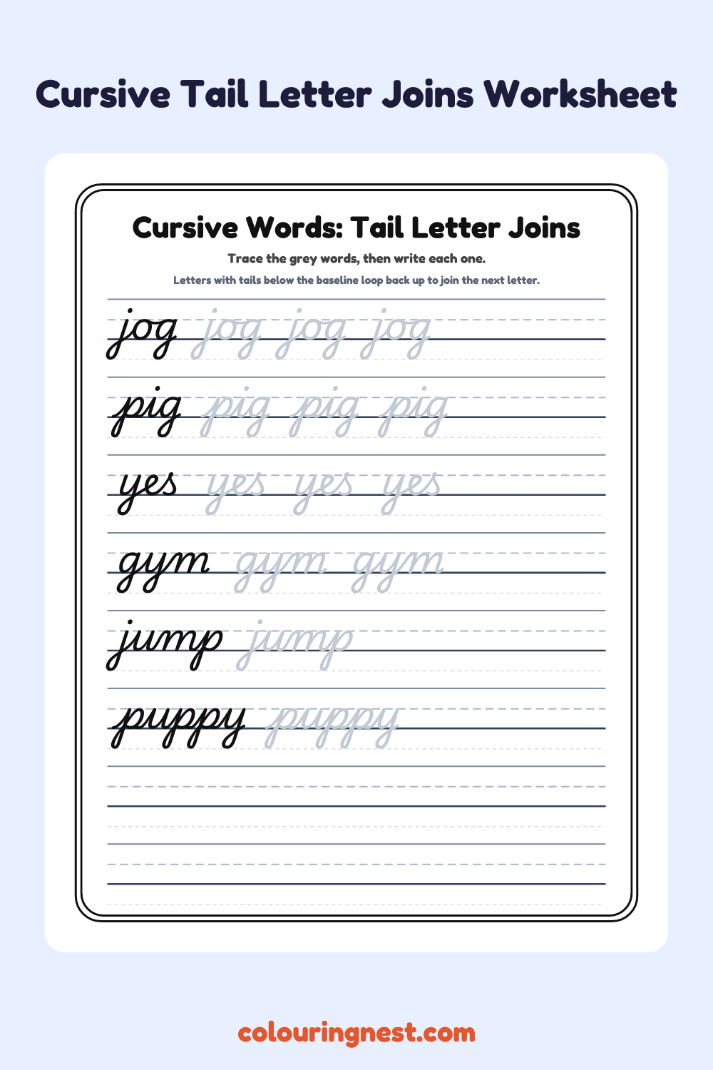 Cursive Words: Tail Letter Joins worksheet: free printable black-and-white line art