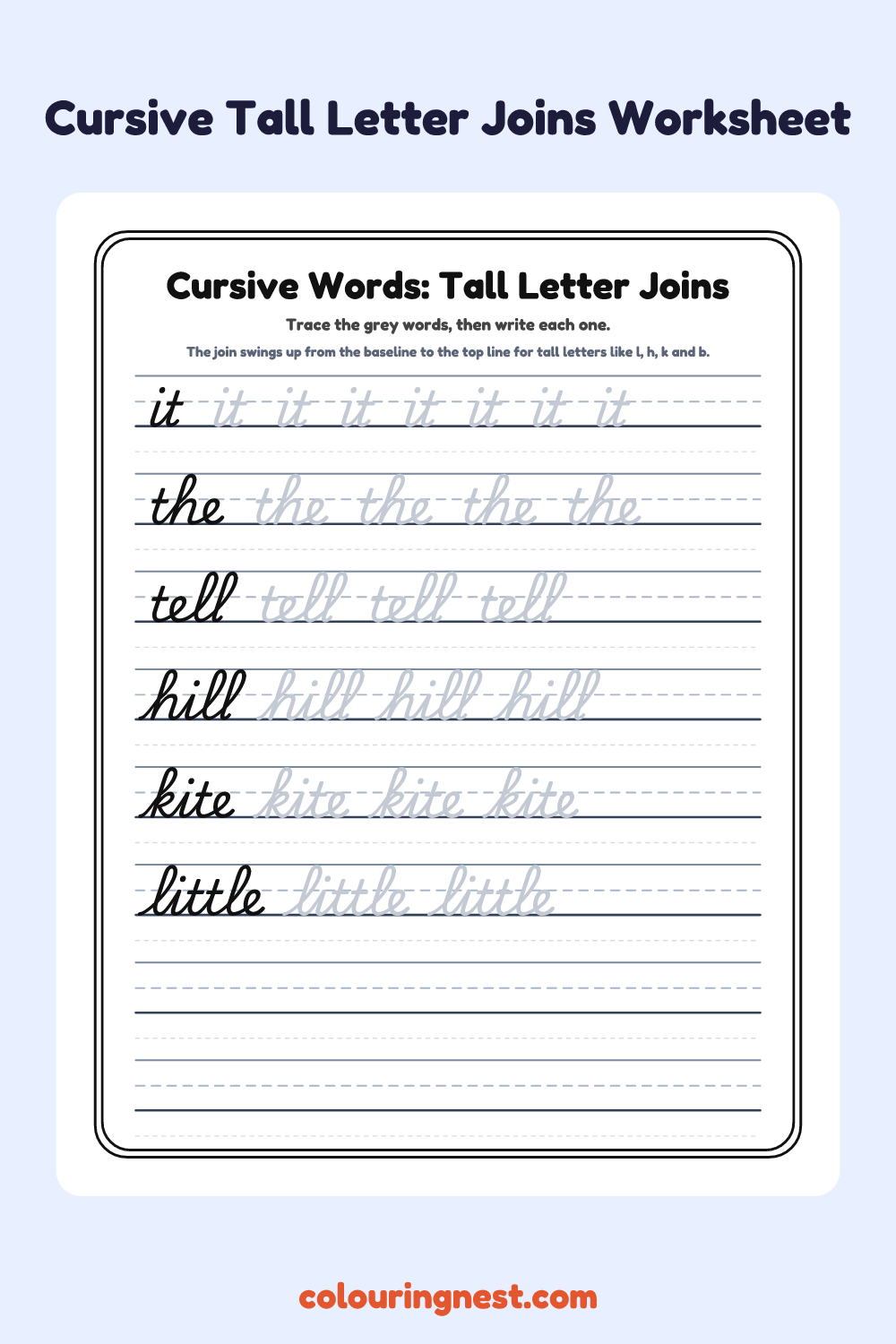 Cursive Words: Tall Letter Joins worksheet: free printable black-and-white line art