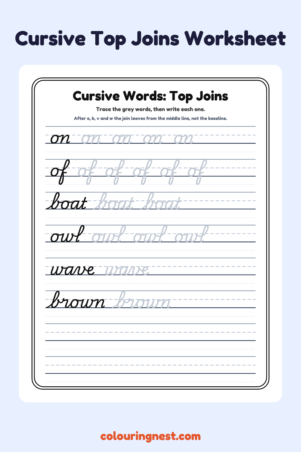 Cursive Words: Top Joins worksheet: free printable black-and-white line art