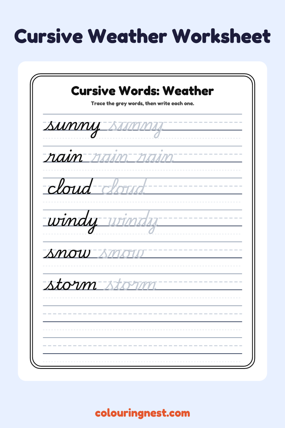 Cursive Words: Weather worksheet: free printable black-and-white line art