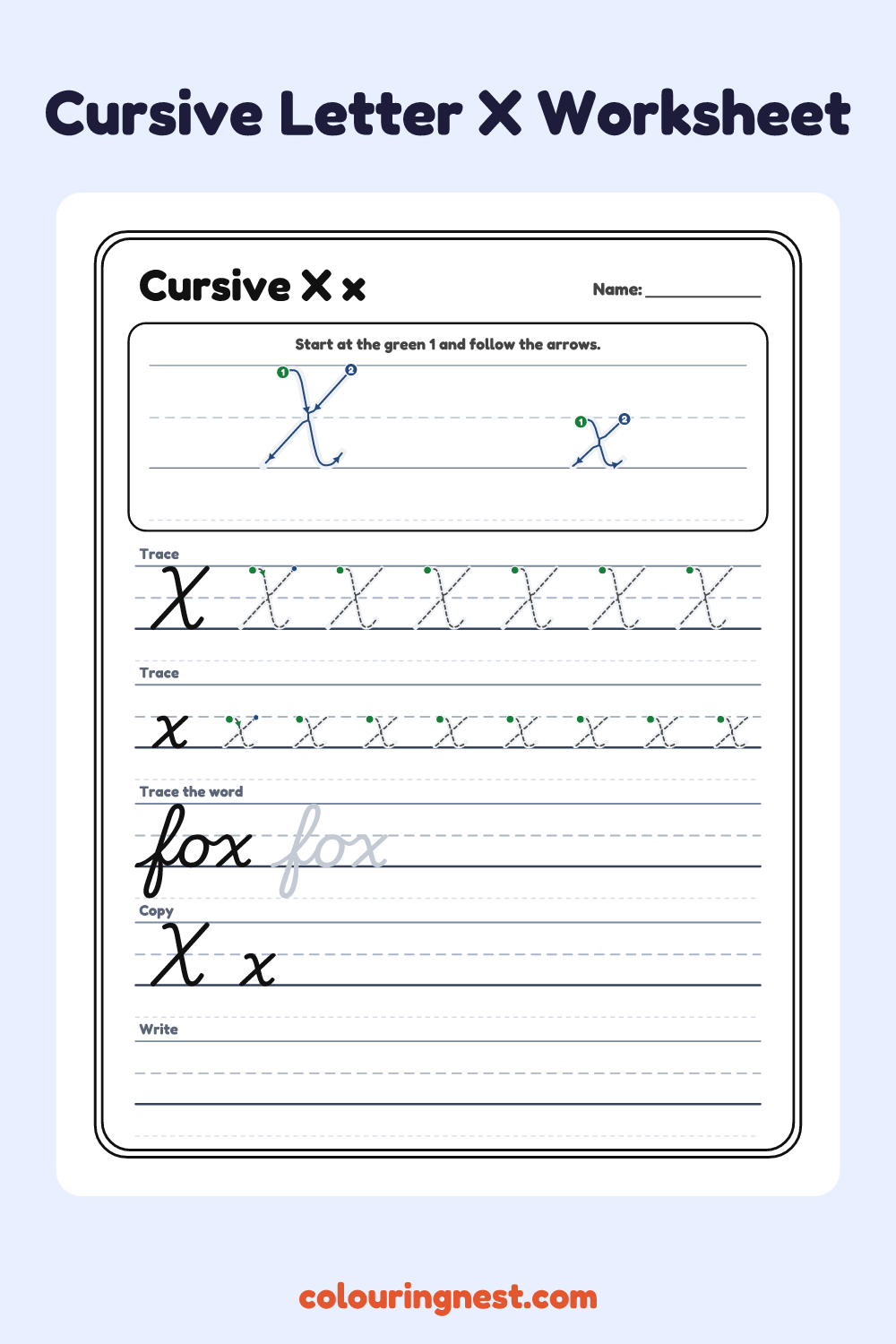 Cursive Letter X worksheet: free printable black-and-white line art